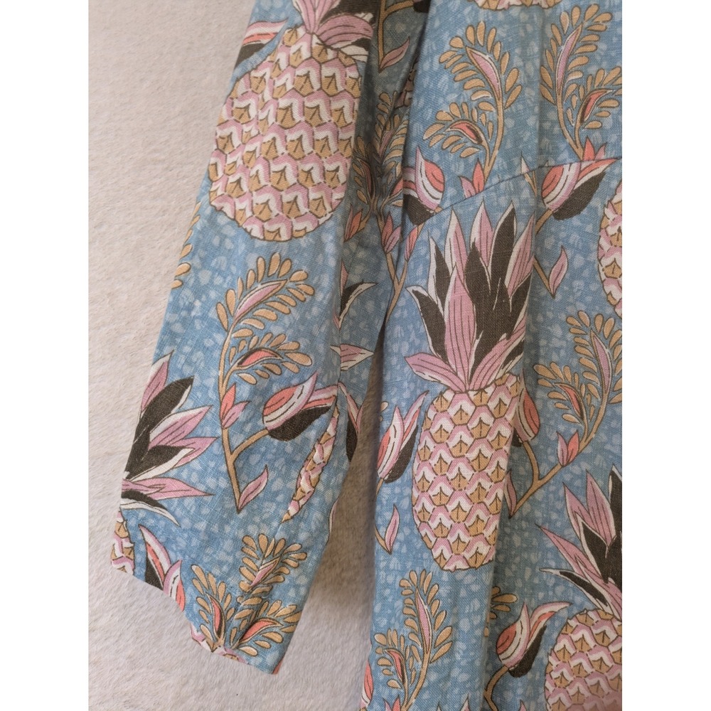 Boden Linen Pineapple Tunic Dress Women's 4R Blue Pink Pom Pom Trim - Picture 3 of 11